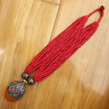 

NK222 Nepal Brass Resin Oval Pendants Necklace For Women Red Multi Layers Beaded Chain Tibetan Ethnic Fashion Necklace