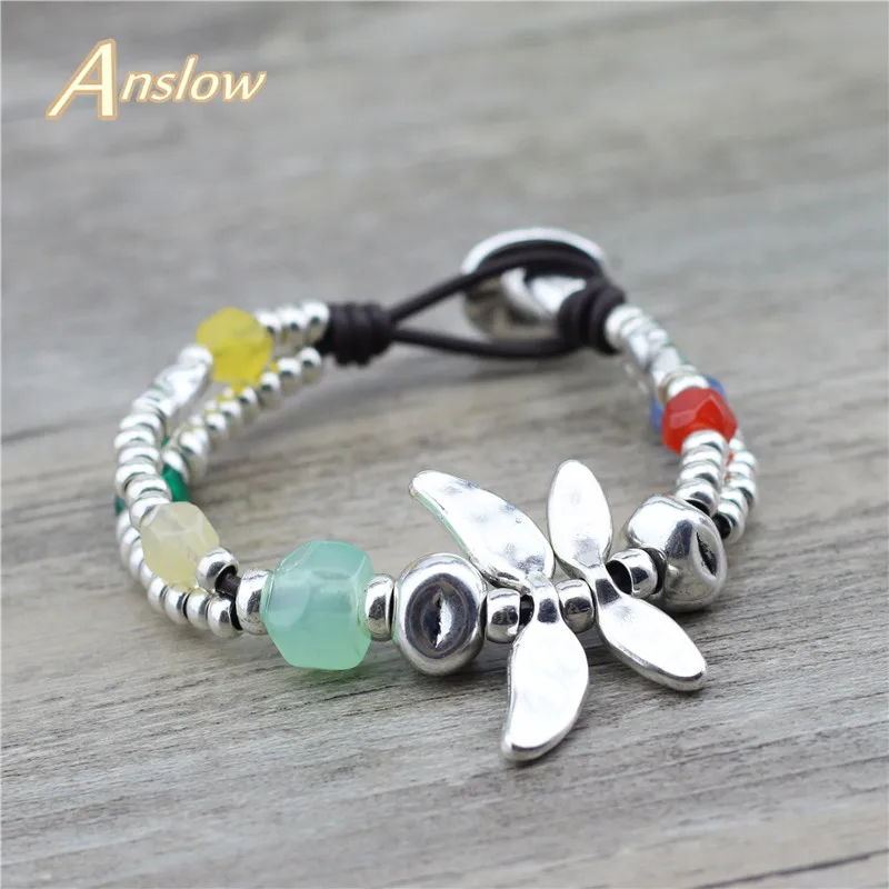 

Anslow Fashion Jewelry Summer Spring Charm Wristband Dragonfly Resin Handmade Beads Leather Bracelet For Women Gift LOW0795LB