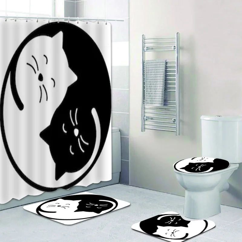 

Cute Yin Yang Cat Shower Curtains Bathroom Curtains Funny Chinese Cartoon Cats Kitten Waterproof Curtain Bath Mats Rugs Carpet