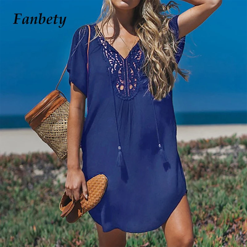 

Fanbety Summer Tassels Beach Wear Cover Up Dress Women V neck Bathing Mini beach Dress Ladie Loose Solid Bikini Cover Up Dresses