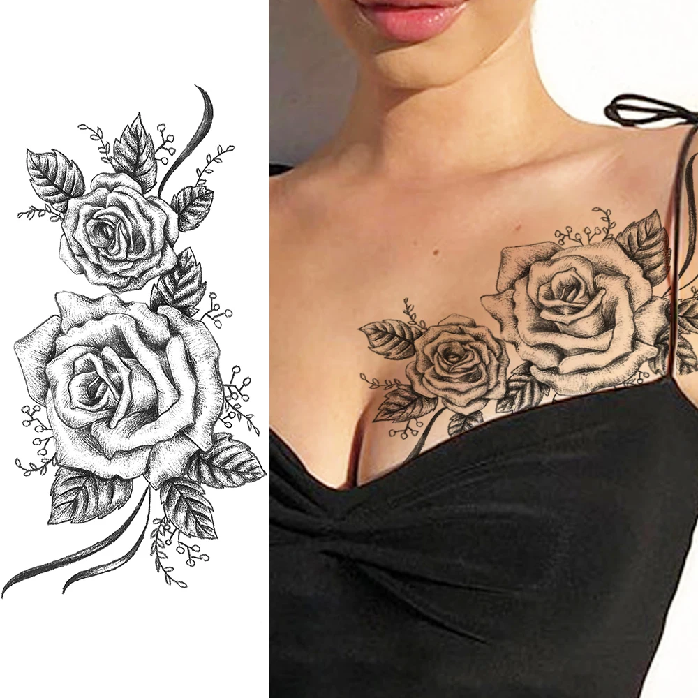 Tatouage Rose Avec Tige Ecriture Tatouages temporaires de roses pour femmes, croquis au crayon, fausses  fleurs noires imperméables, beaux bras de poitrine pour spectacle |  AliExpress
