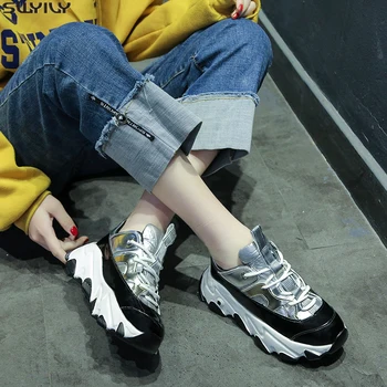 

SWYIVY PU Black Sneakers Women Casual Shoes Mesh New Hot Sale 2020 Spring Chunky Sneakers For Women Shoes Fashion Ladies Shoe 40