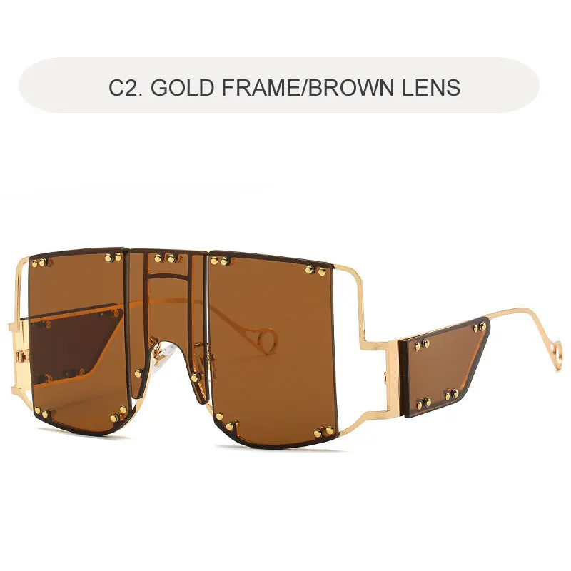 C2 BROWN Женские солнцезащитные очки больших размеров, модные квадратные зеркальные очки, роскошные брендовые уникальные женские очки с металлическими заклепками UV400 - Цвет линз: C2 BROWN