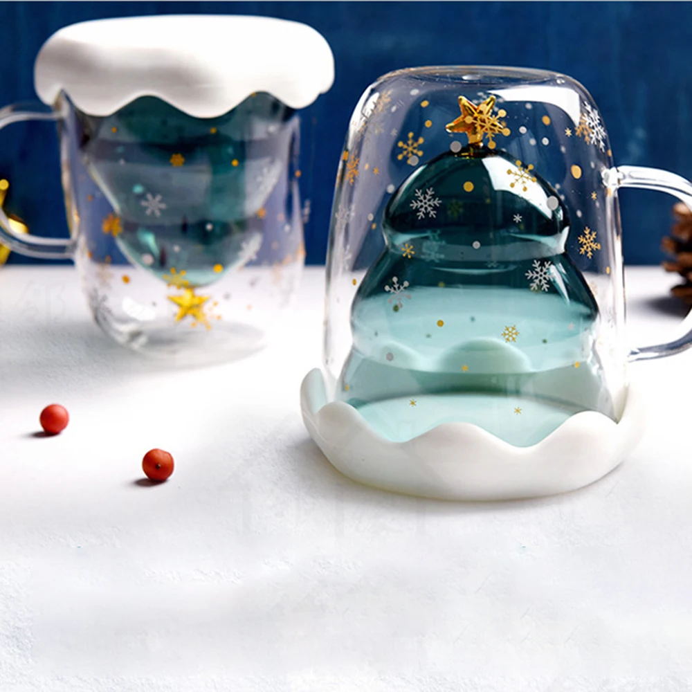 Стеклянная кофейная кружка с двойными стенками, высокая термостойкость, 3d рождественская елка, звезда, чашка желаний, кружка для путешествий, забавные кофейные чашки