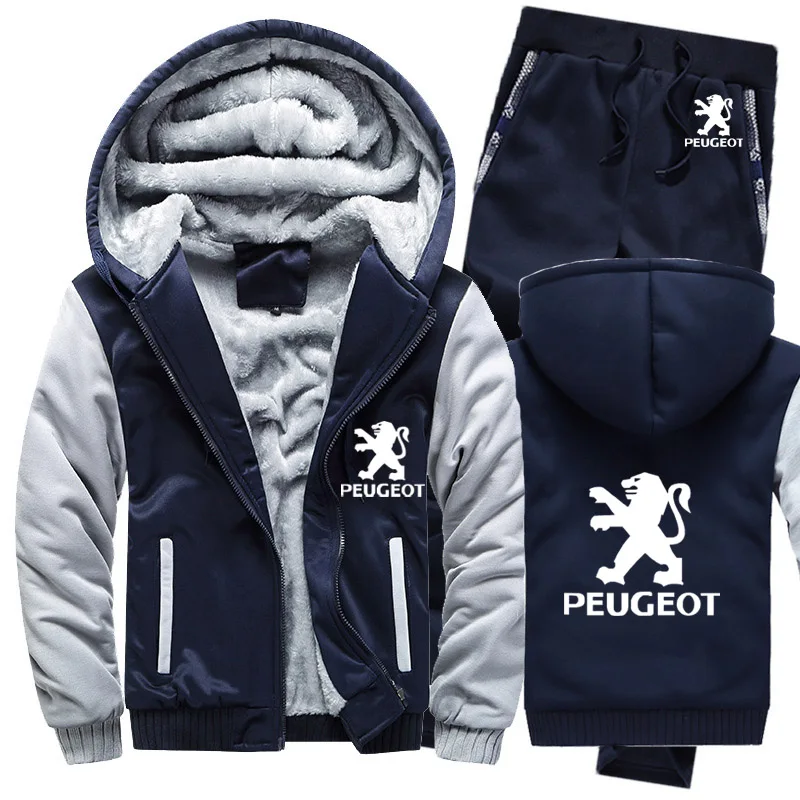 Зимняя мужская толстовка с капюшоном peugeot Car Logo, мужские толстовки с капюшоном, костюм толстый теплый флис, хлопковый спортивный костюм на молнии, мужская куртка+ штаны, комплекты из 2 предметов