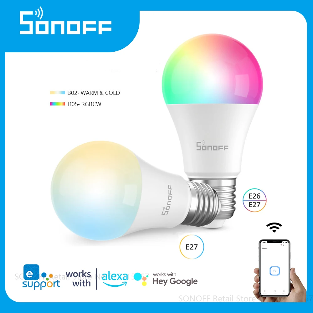 SONOFF 와이파이 스마트 전구, 듀얼 멀티 컬러 라이트, RGB E27 E26 LED 램프, 디밍 가능, 220V 110V, 알렉사 구글 홈 어시스턴트, 음성 제어 