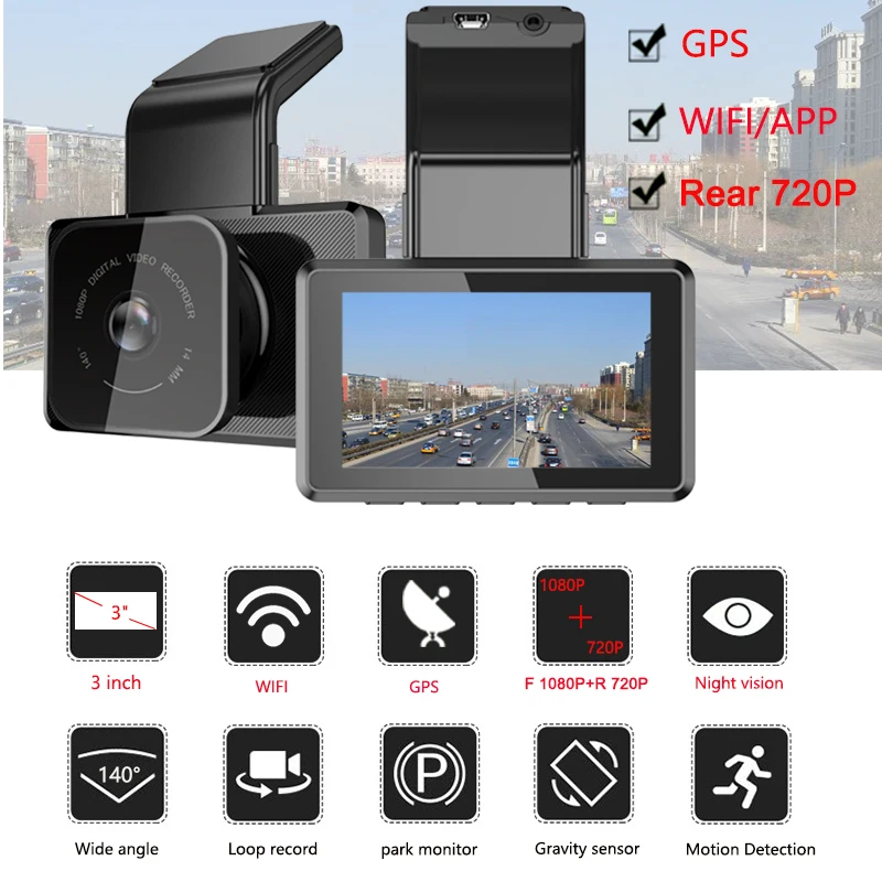 Jiluxing, 3 дюйма, 1080 P, wifi, Автомобильный видеорегистратор, Камеры, gps, с координатами, скорость, мини видеорегистратор, две камеры, HD, ночное видение, 24 часа, парковочный монитор
