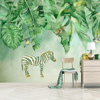 

Custom Mural Wallpaper 3D Hand Drawn Tropical Plant Animal Zebra Elephant Animal Fresco Living Room Self-Adhesive Wall Stickers