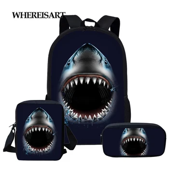 

WHEREISART 3D Shark Printed School Bags Set Cool Animals Teen Girls Boys School Backpacks Large Capacity Student Book Bags