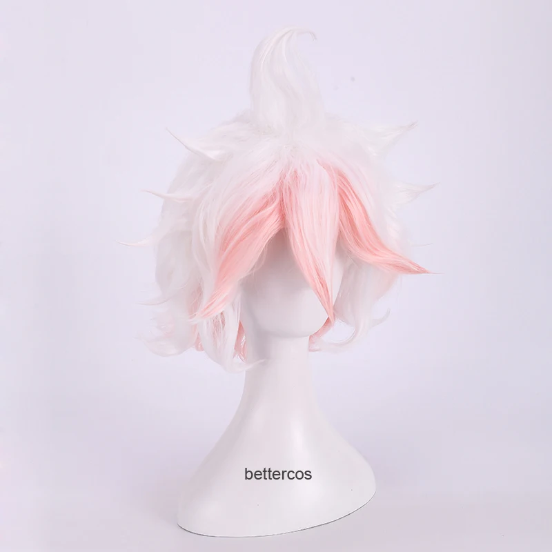 Danganronpa Dangan Ronpa Nagito Komaeda-Peluca de cabello sintético resistente al calor, pelo corto degradado blanco y rosa rizado + gorro de peluca