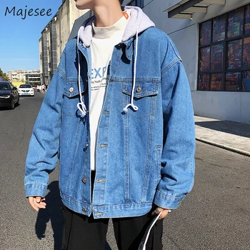 

Denim Jacket Men Single Breasted Pockets Loose Plus Size Mens Jackets and Coats Retro Korean Fashion Clothes Harajuku Simple