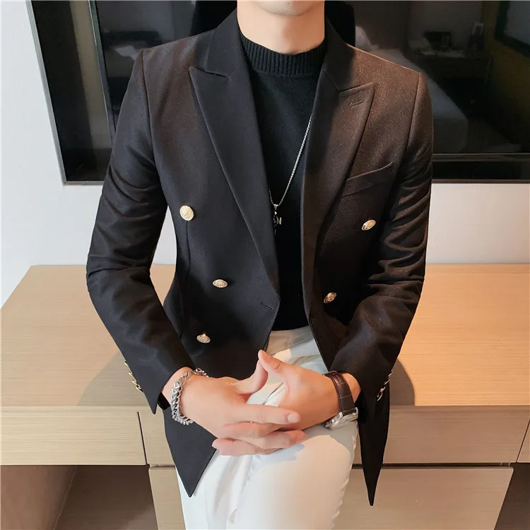 Top Quality Double Breasted Blazer Men Clothing Simple Autumn Winter Slim Fit Solid Suit Jackets And Coats Business Formal Wear
