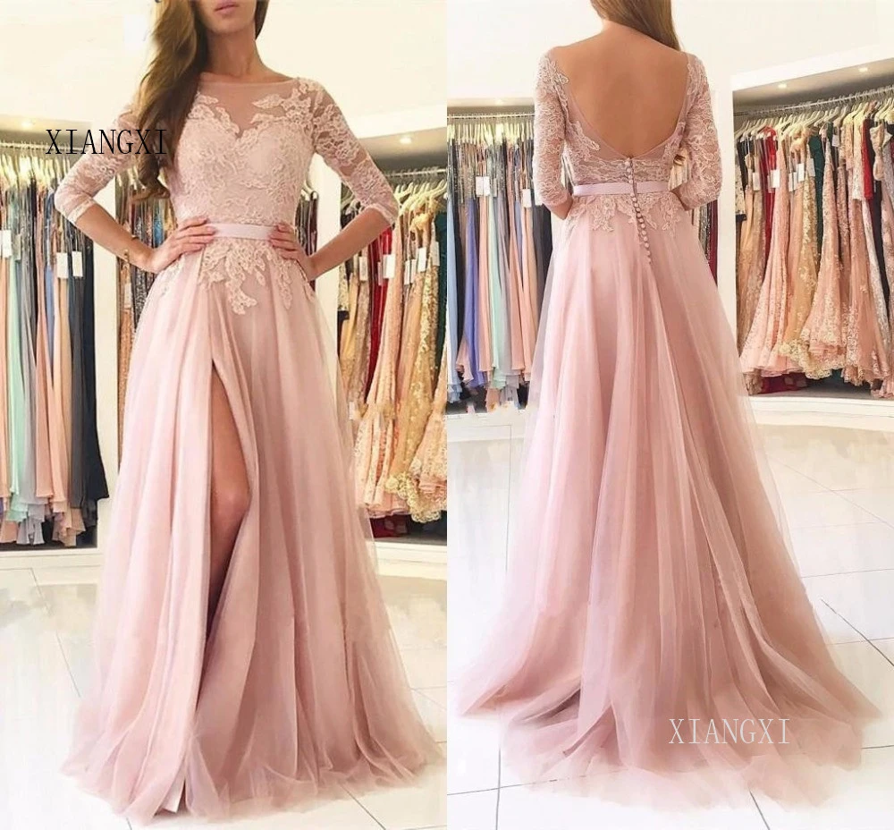 

Blush Pink Bridesmaid Dresses 2019 With 34 Sleeves Appliques Backless Wedding Guest Party Dress With Slit Vestido De Festa