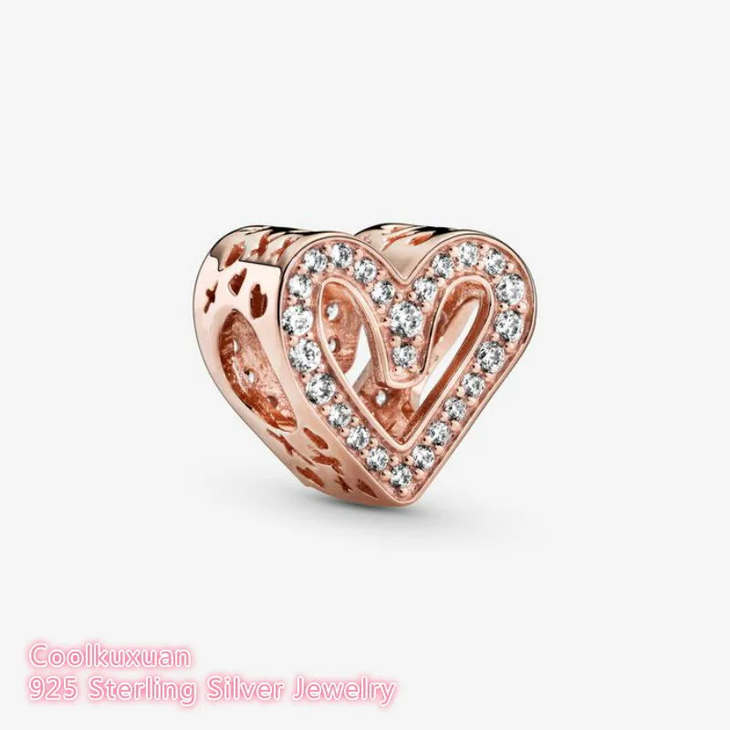 

100% 925 Sterling Silver Sparkling Freehand Heart Charm Rose Gold beads Fits Original Pandora bracelets Jewelry Making