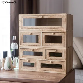

Solid Wood Rectangle Desktop Cosmetic Storage Box Drawer Type Office Storage Sundries Jewelry Multi-layer Finishing Cabinet Home