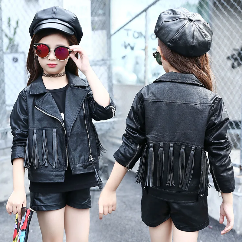 Куртка из искусственной кожи для девочек; детские Куртки из искусственной кожи; повседневная детская верхняя одежда с черными кисточками для девочек