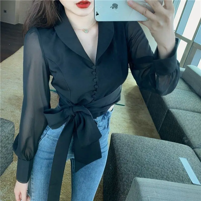 Shirts Women Solid Turn-down Collar Ins Abdomen Cropped Leisure Korean Style Fashionable Ladies Blouses Long Sleeve Stylish Chic