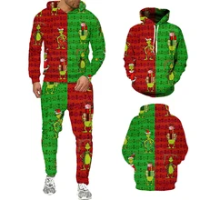 Christmas Men's Hoodie Set 3D Printing Hooded Sweatshirt Top Long Pant Fall Fashion Green Furry Monster Hooded Pullover Clothing