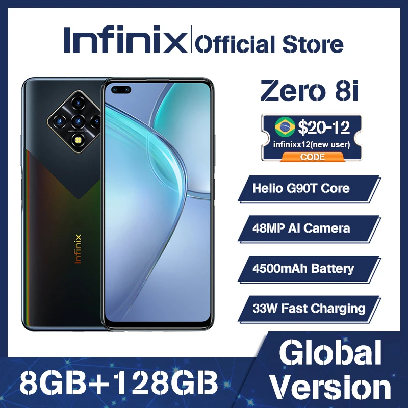 100% original infinix zero 8i versão global mobilephone 6.85 polegada 90hz helio g90t octa núcleo 8gb 128gb 33w carga super