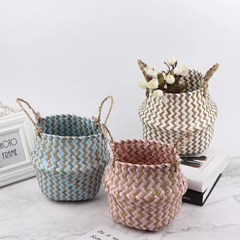 

18*16*14cm Seagrass Woven Colorful Corrugated Folding Basket Storage Bag