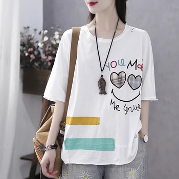 

Retro summer new T-shirt women's short sleeve loose patchwork hole female tops
