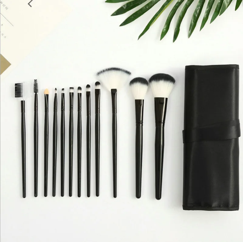 Bag black 12 шт./компл. макияж кисти инструмент тени для век основа бровей губ кисти косметические держатель для чашки кожаный чехол Комплект - Handle Color: Bag black