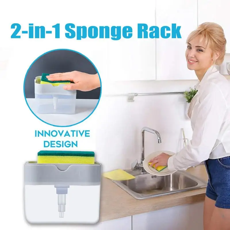 2in1 Sponge Box Soap Dispenser Double Layer Kitchen Plastic Scrubber Holder Case Detergent Push Type Dish Brush | Обустройство дома