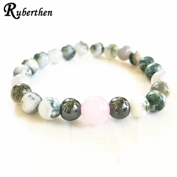 

Ruberthen Tree stripe Rose Quarz Bracelet Natural Gem stone Beaded Bracelet Balance Protection Mala Bracelet for Women