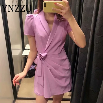 

YNZZU Elegant Purple V Neck Wrap Women Jumpsuits 2020 Spring Summer High Waist Short Sleeve Office Lady Playsuits Overalls AJ058
