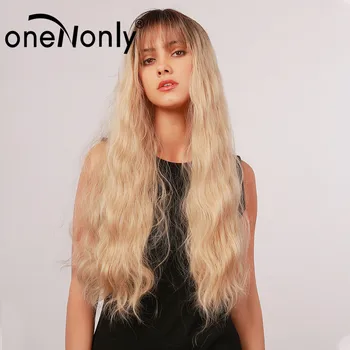 

oneNonly Synthetic Wigs Deep Wave with Bangs Wigs for White/Black Women Heat Resistant Glueless Natural Hair Ombre Blonde Wigs