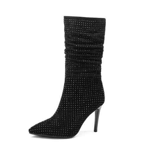 Брендовые женские зимние сапоги из натуральной кожи; сапоги до колена на высоком каблуке с острым носком, украшенные стразами; блестящие туфли на шпильке; большие размеры - Цвет: Черный