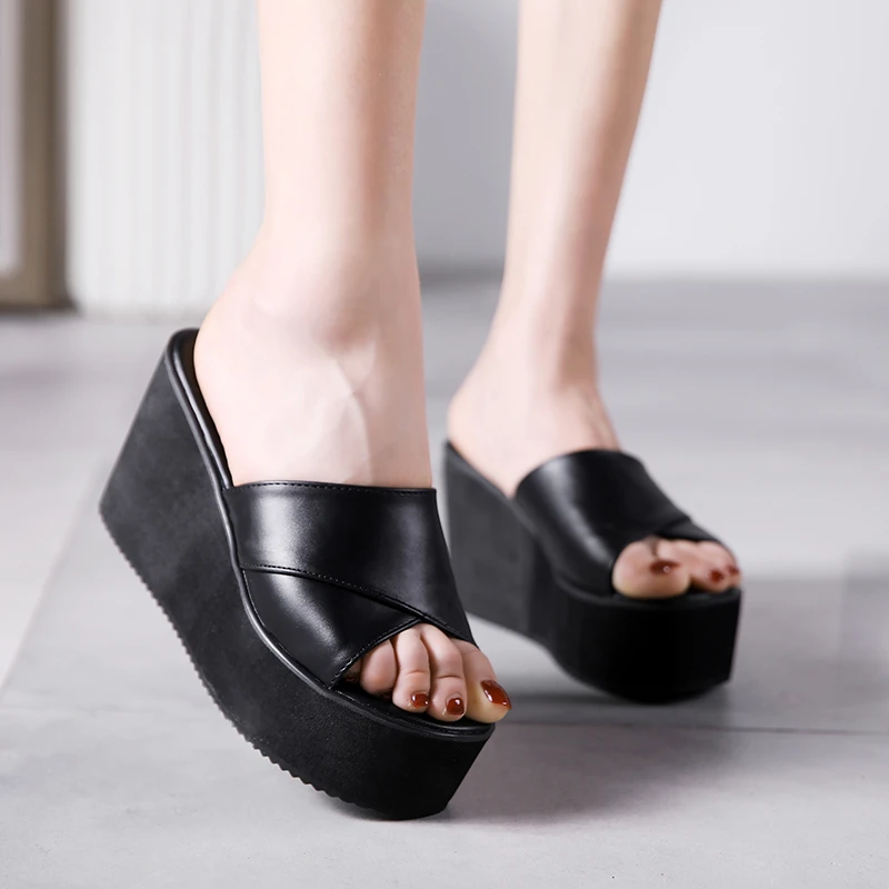 black wedges slippers