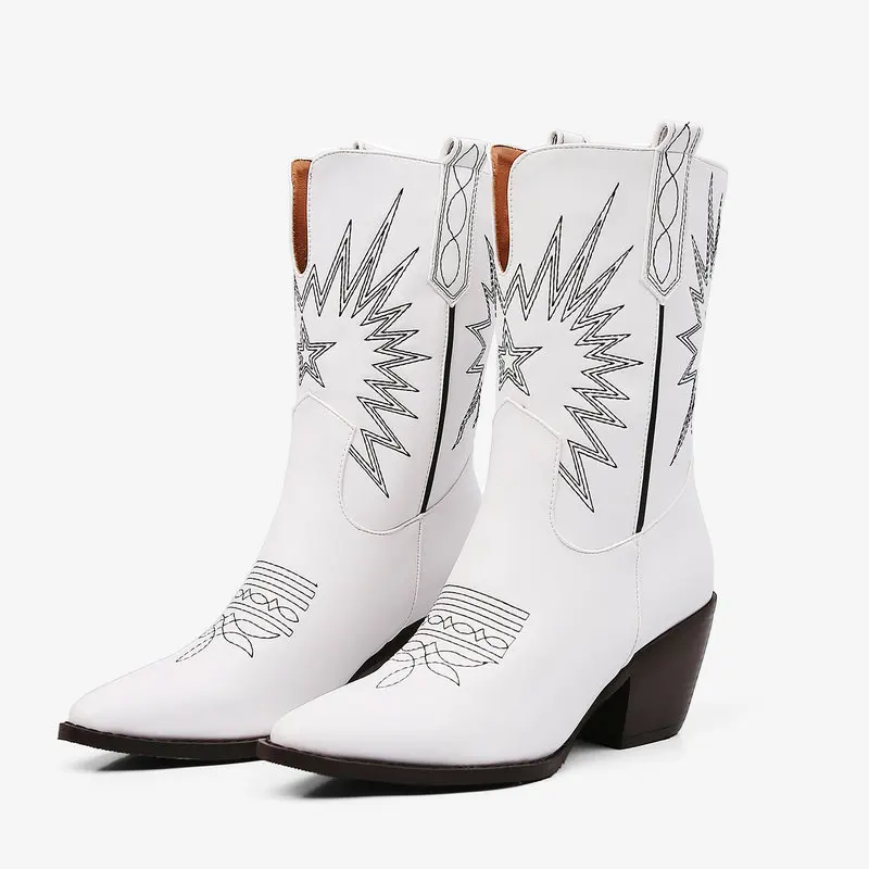 

2019 New Women Boots Autumn Pu Leather Ankle Boots High Heel Mid-Calf Boots Fashion Pointed Toe Winter Western Boots Black White