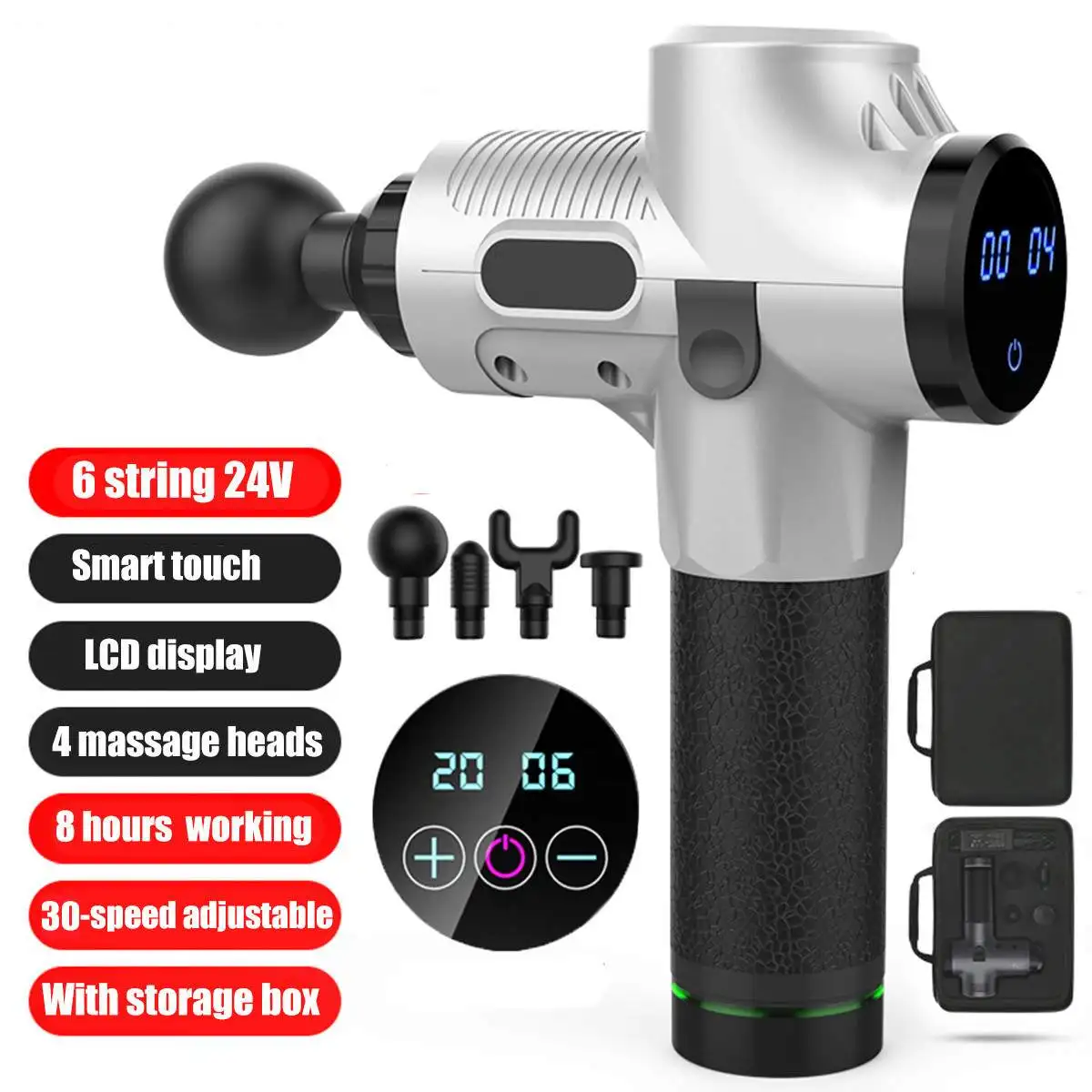 gray New 30 Files Muscle Massager Electric Therapy Body LED Muscle Massage Guns Body Relaxing Relief Massage Machine 4 Head 4000r/min - Цвет: gray