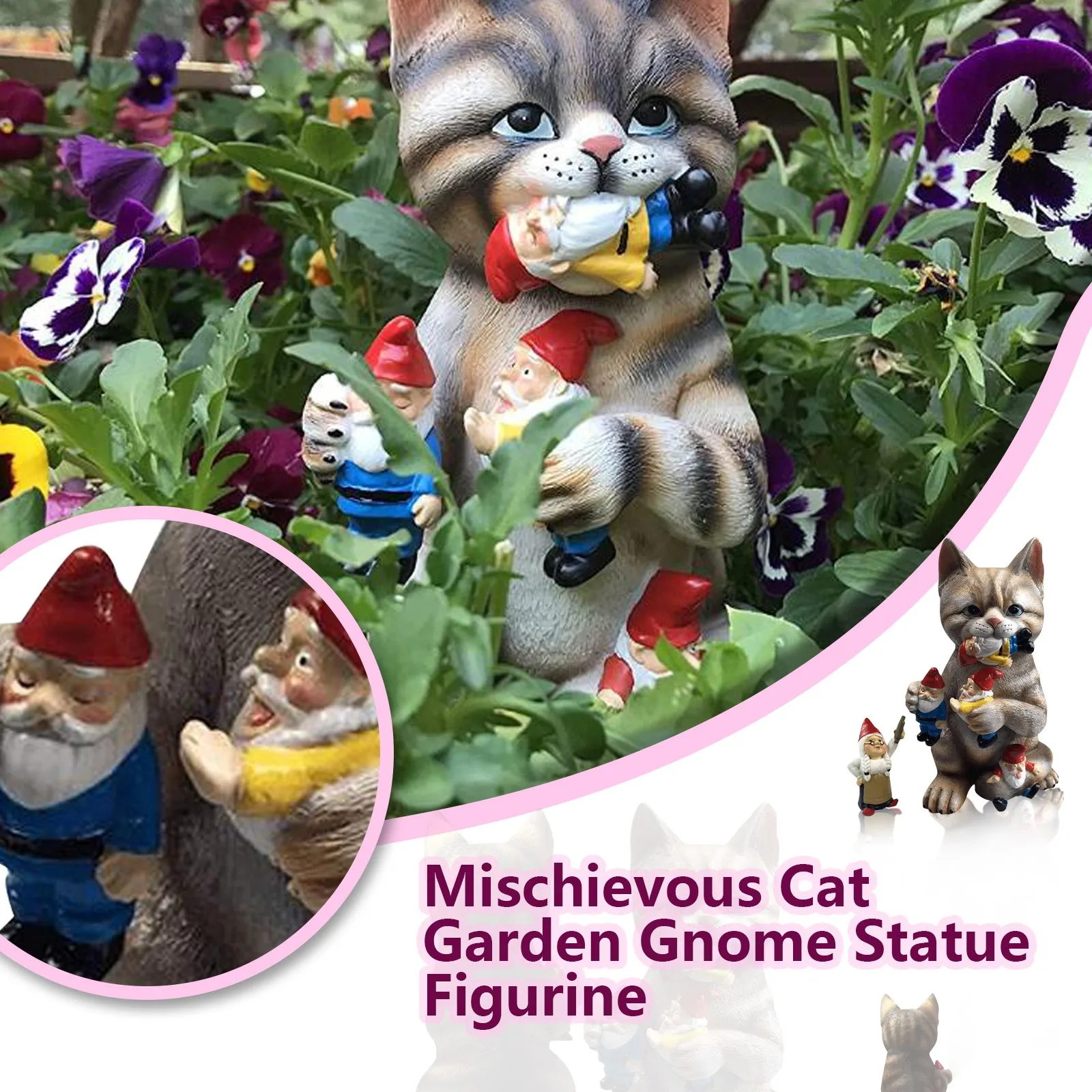 Mischievous Cat Eat Fish Garden Gnome Statue Figurine Best Art Décor