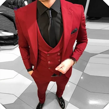 

Three Piece Red Men's Suit Groom Tuxedos for Wedding 2020 Prom Blazers Slim Fit Formal Business Suits Set
