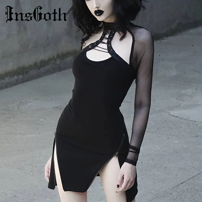 

InsGoth Sexy Mesh Bodycon Women Mini Dress Gothic Black Hollow Out Halter Vintage Dress Mesh Long Sleeve Party Female Dress