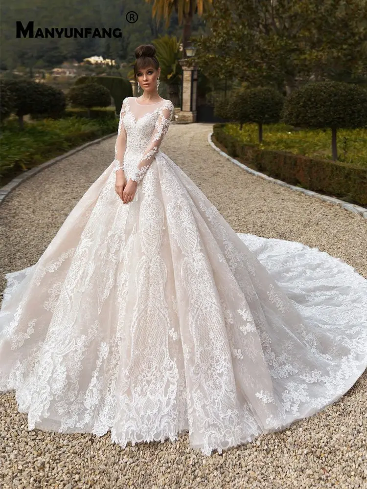Слоновая кость MANYUNFANG свадебное платье в стиле ампир с длинным рукавом vestidos de novia baratos на пуговицах, кружевное платье невесты, новинка - Цвет: Слоновая кость