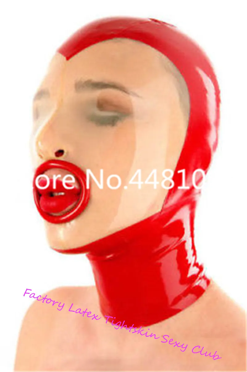

Sexy Red with Transparent Color Latex Hood Mask Rubber Unisex Mask With Red Circle Mouth Cosplay Club Wear with back zipper