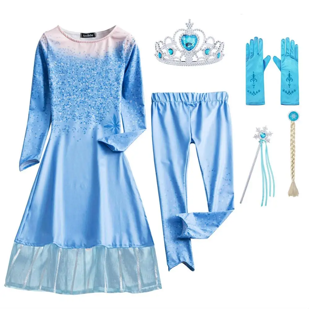 AmzBarley; Новинка; костюм Снежной Королевы 2; костюм Эльзы; платье принцессы Эльзы с леггинсами для маленьких девочек; маскарадный костюм на Хэллоуин; комплект одежды - Цвет: With Accessories