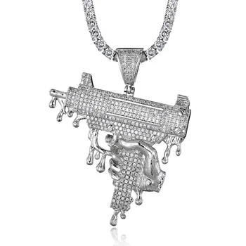 

Hand Holding Dripping Gun Shape Pendant Necklace Gold Color Iced Out Cubic Zirconia Men's Hip hop Rock Jewelry