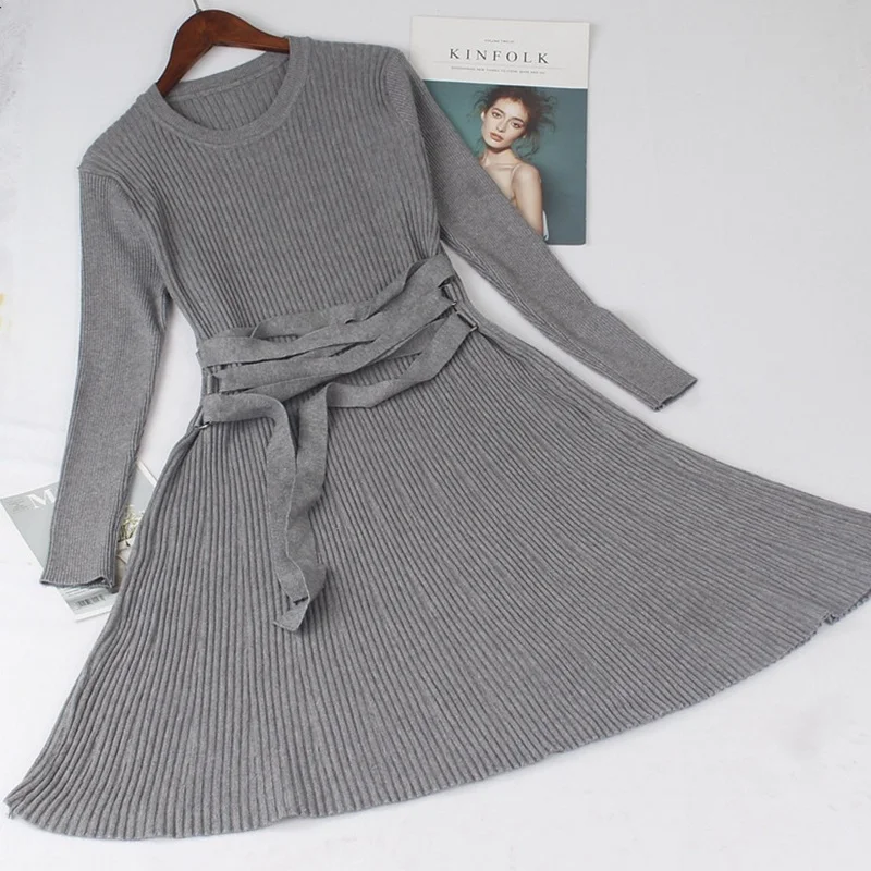 ONLYSVTER, толстый вязаный осенний зимний теплый женский свитер, платье А-лин, ребро, шнуровка, длинные женские платья - Цвет: grey G1999