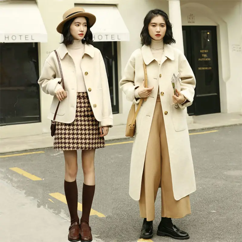 

Autumn And Winter Woolen Coat Women's Short Korean Doll Collar Simple And Versatile Loose Woolen Coat Long  