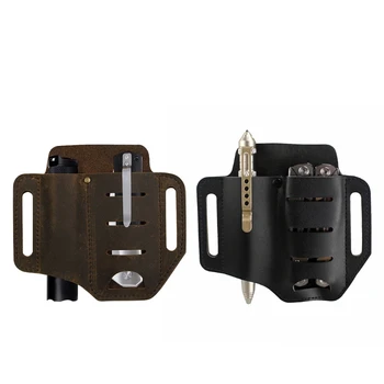 

Leather Tool Sheath 2 Pockets Multitool Holder Essentials EDC Organizer Belt Pouch for Pocket Knife Flashlight Tool