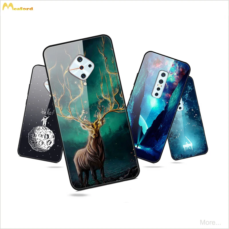 

Cover For Vivo S1 V17 PRO Phone Cases On Vivo V17 neo V17 Russian Cartoon Deer Nether Sky Moon Piano Patterned Glass Mirror Skin