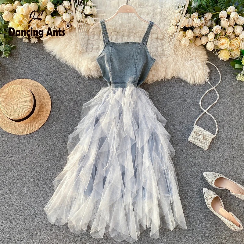 

Woman A-Line Denim Dress Square Collar Patchwork Mesh Spaghetti Strap Dress Trend 2020 Solid Vintage Medium Length Dr