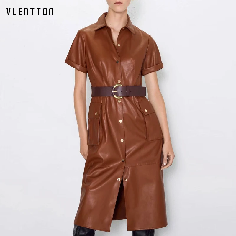 Женское платье рубашка из искусственной кожи с поясом кушаком|Платья| |