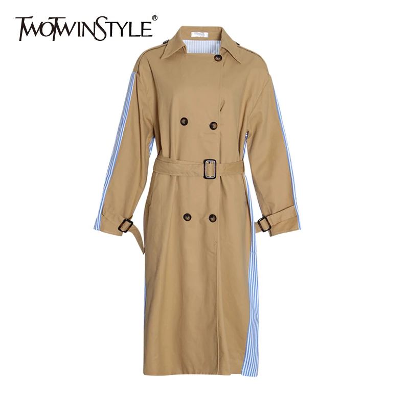 

TWOTWINSTYLE Striped Hit Color Patchwork Women's Trench Lapel Collar Long Sleeve High Waist Lace Up Windbreaker Female 2019 New