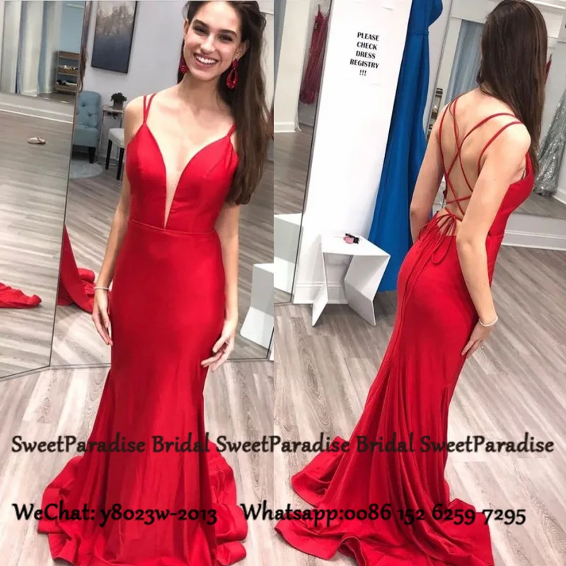 

Sexy Criss Cross Mermaid Prom Dresses For Women Spaghetti Strap Red Satin Long Formal Evening Dress Party Vestido De Festa