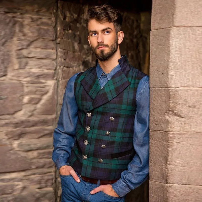 Mens Blue Green Plaid Suit Vest 2021 